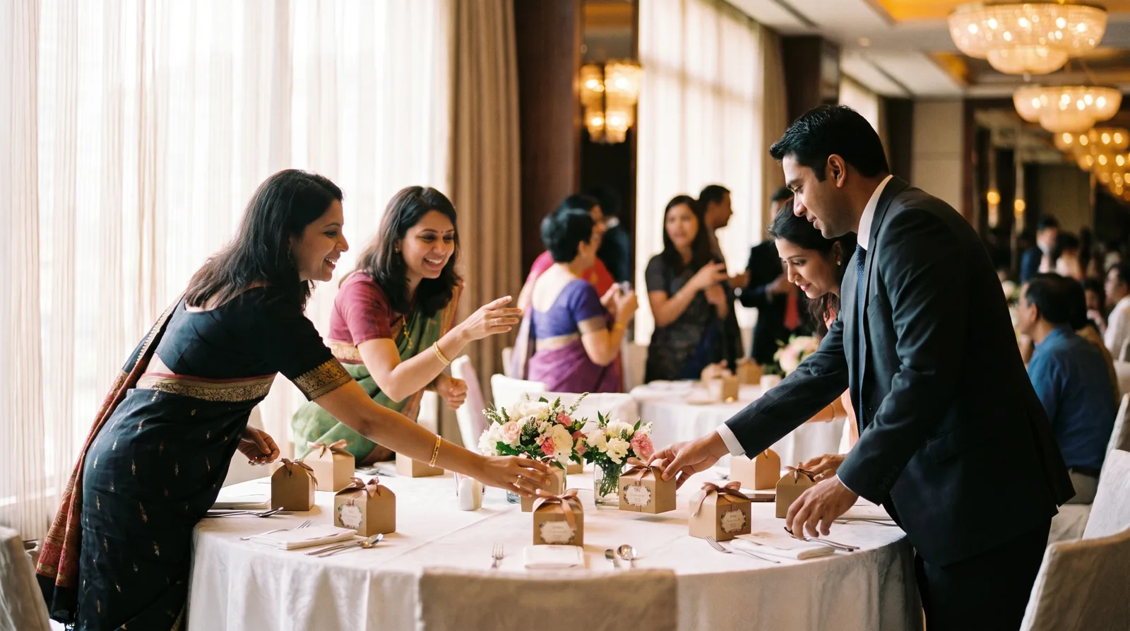 Guests at a banquet table picking up favour boxes while chatting