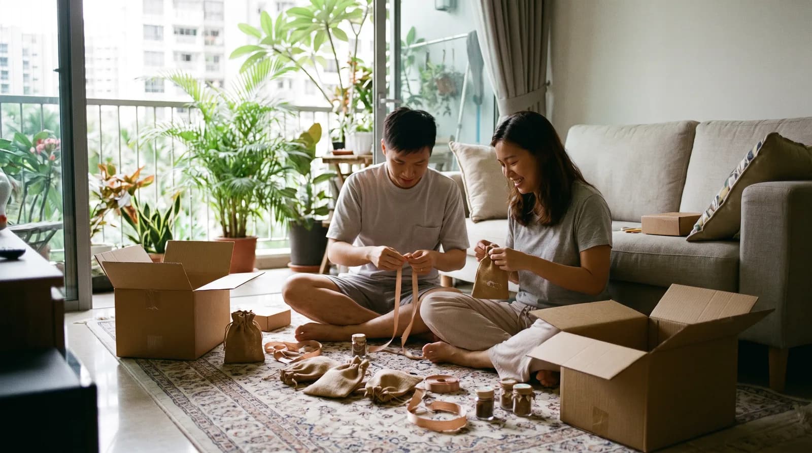 A couple packing favours into gift bags at home on the floor the week before the wedding