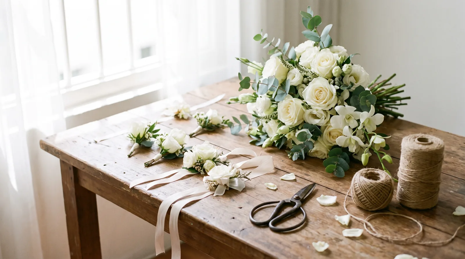 A florist's workbench with a bridal bouquet