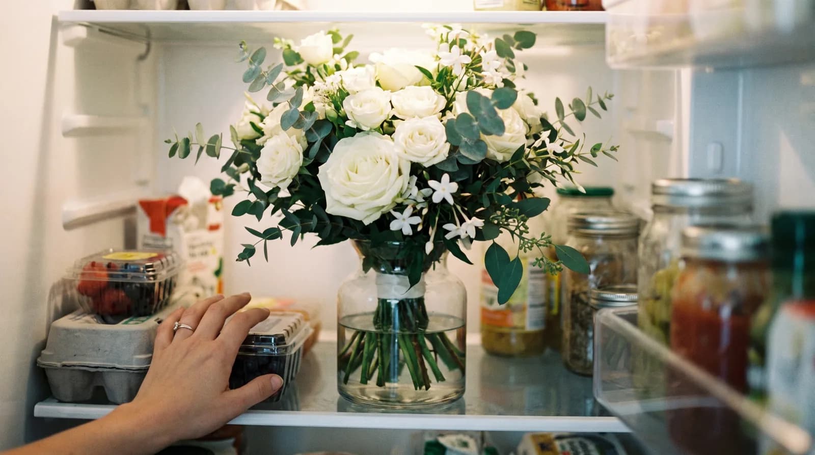 A bridal bouquet in its water container on a refrigerator shelf the night before the wedding