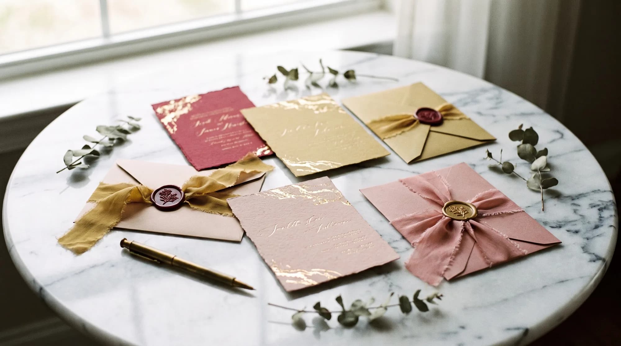 A flat lay of elegant wedding invitation cards in red and gold and blush tones with envelopes