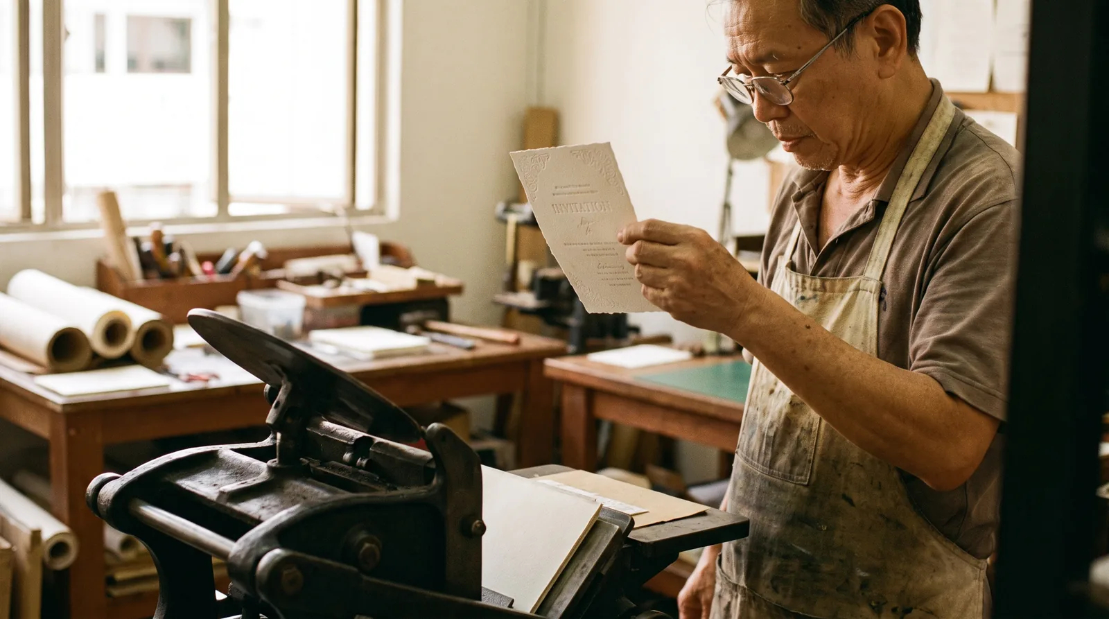 A printing press worker inspecting letterpress invitation cards coming off a small press
