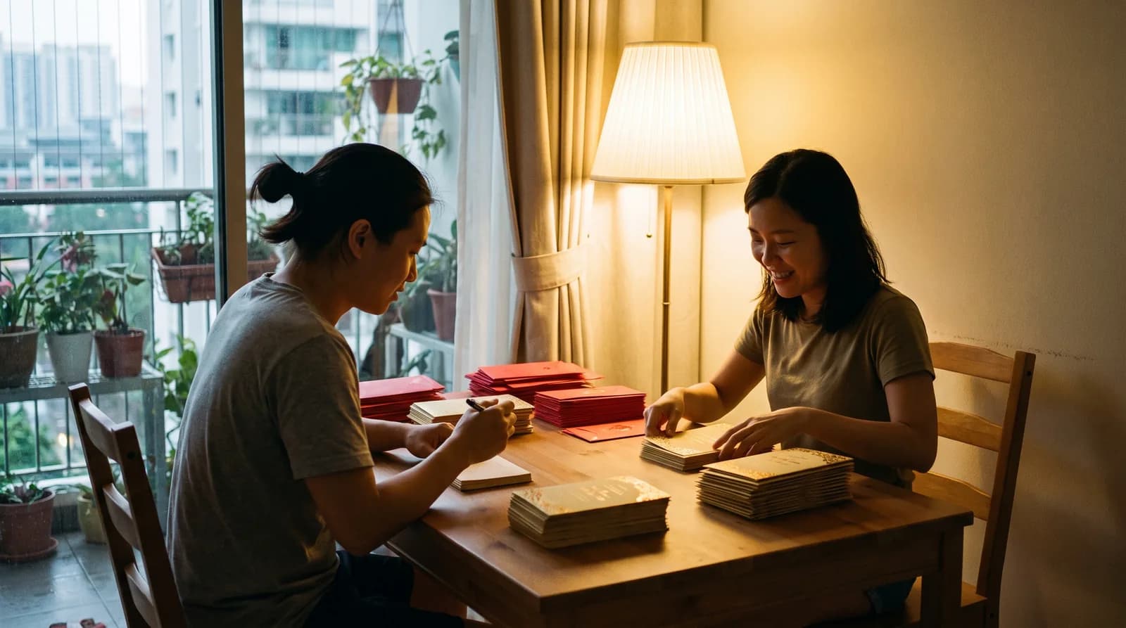 A Chinese couple at a dining table writing addresses on envelopes and stacking red invitation cards
