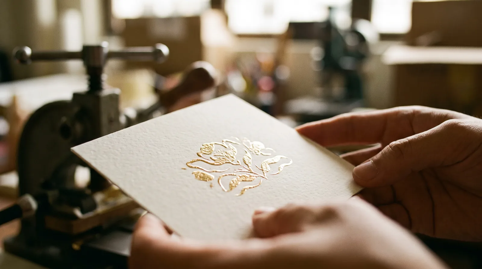 A close up of hot foil stamping on thick card stock with gold shine