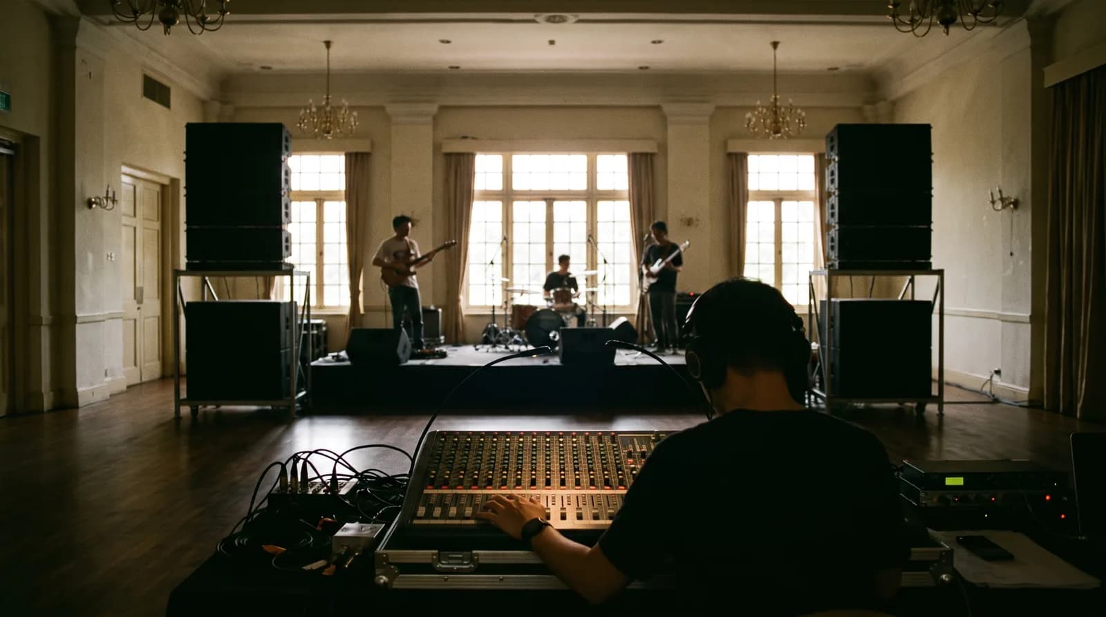 A sound engineer at a mixing desk at the back of a ballroom with two speakers on stands by the stage