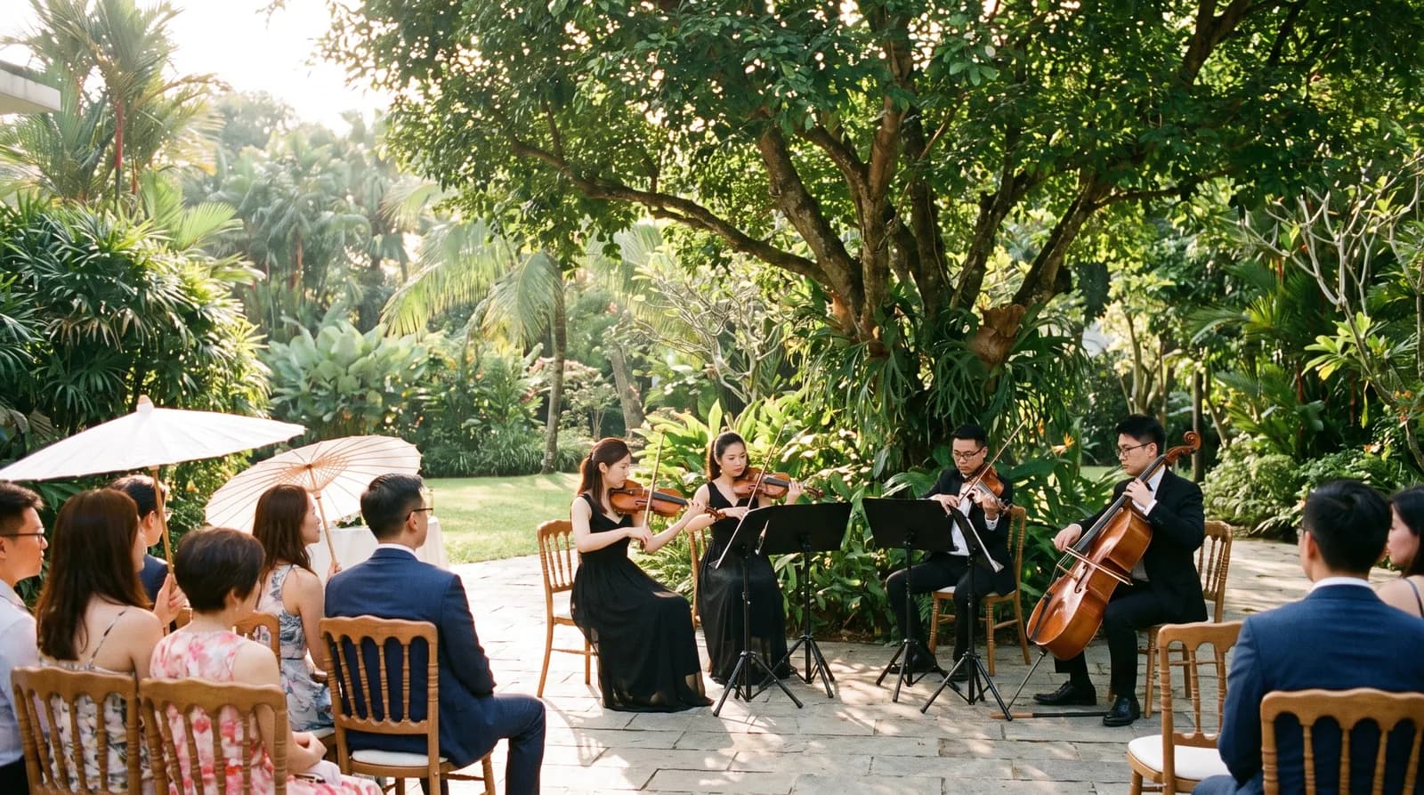 A string quartet playing at a garden solemnisation in Singapore