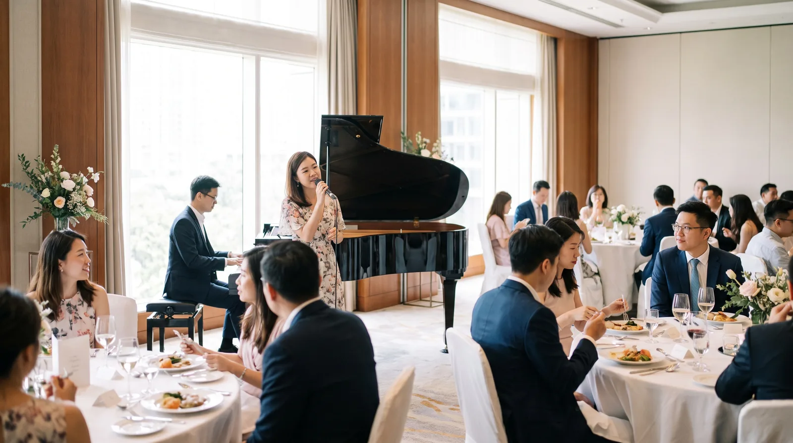 A singer and pianist duo performing at a hotel wedding lunch