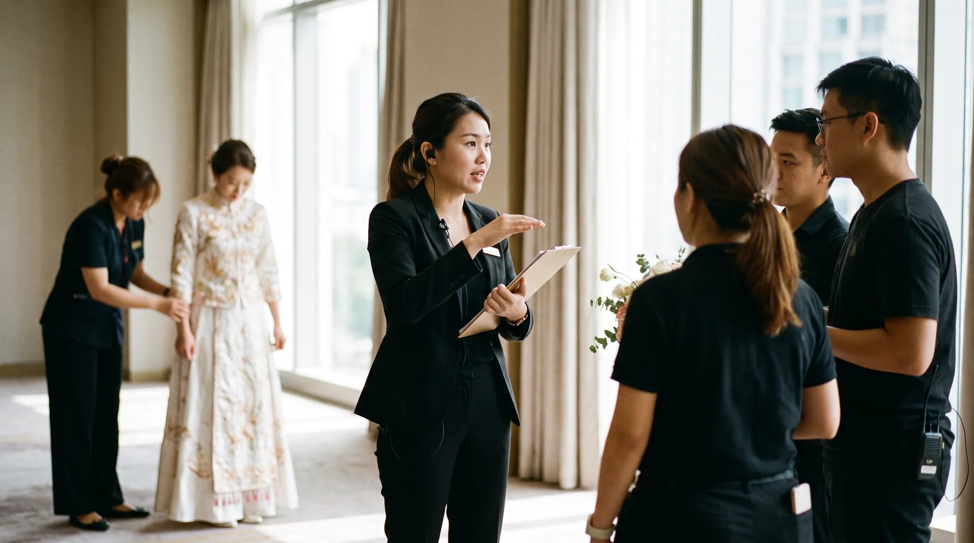 A wedding coordinator with a clipboard and an earpiece briefing vendors in a Singapore hotel ballroom before guests arrive