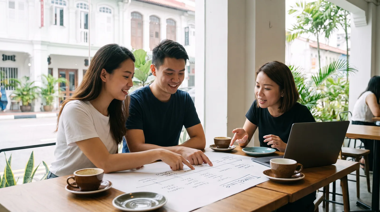 A planning meeting at a cafe in Singapore: a young Chinese couple and a planner looking at a timeline and a laptop