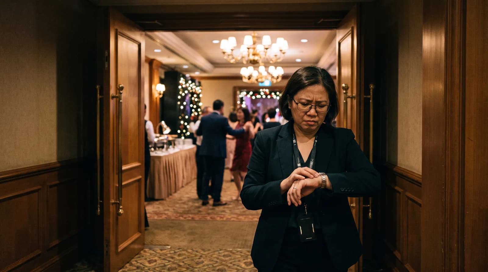 A coordinator checking a watch in a ballroom corridor at night with the banquet still running
