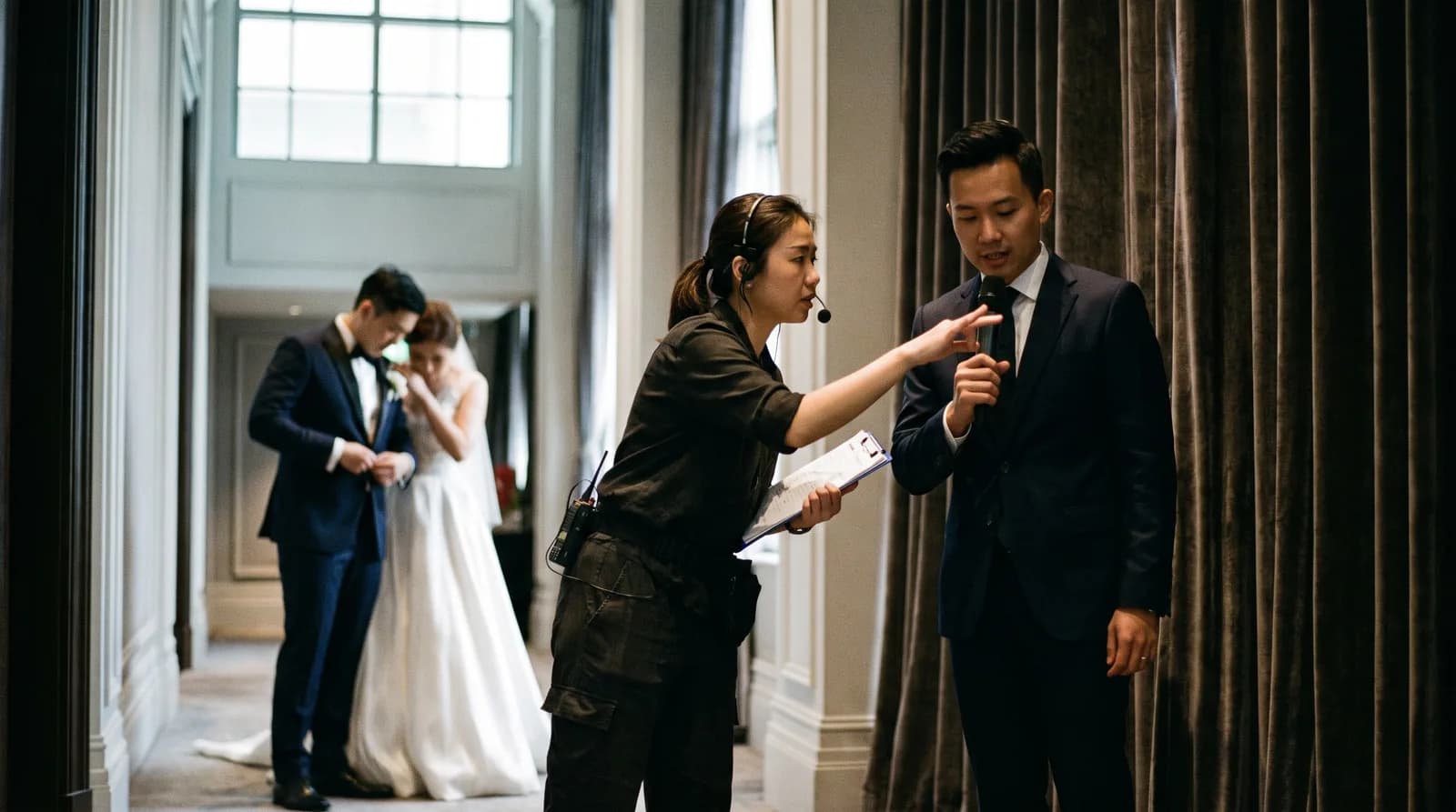 A planner cueing an emcee at the side of a stage while the couple prepares for their march in