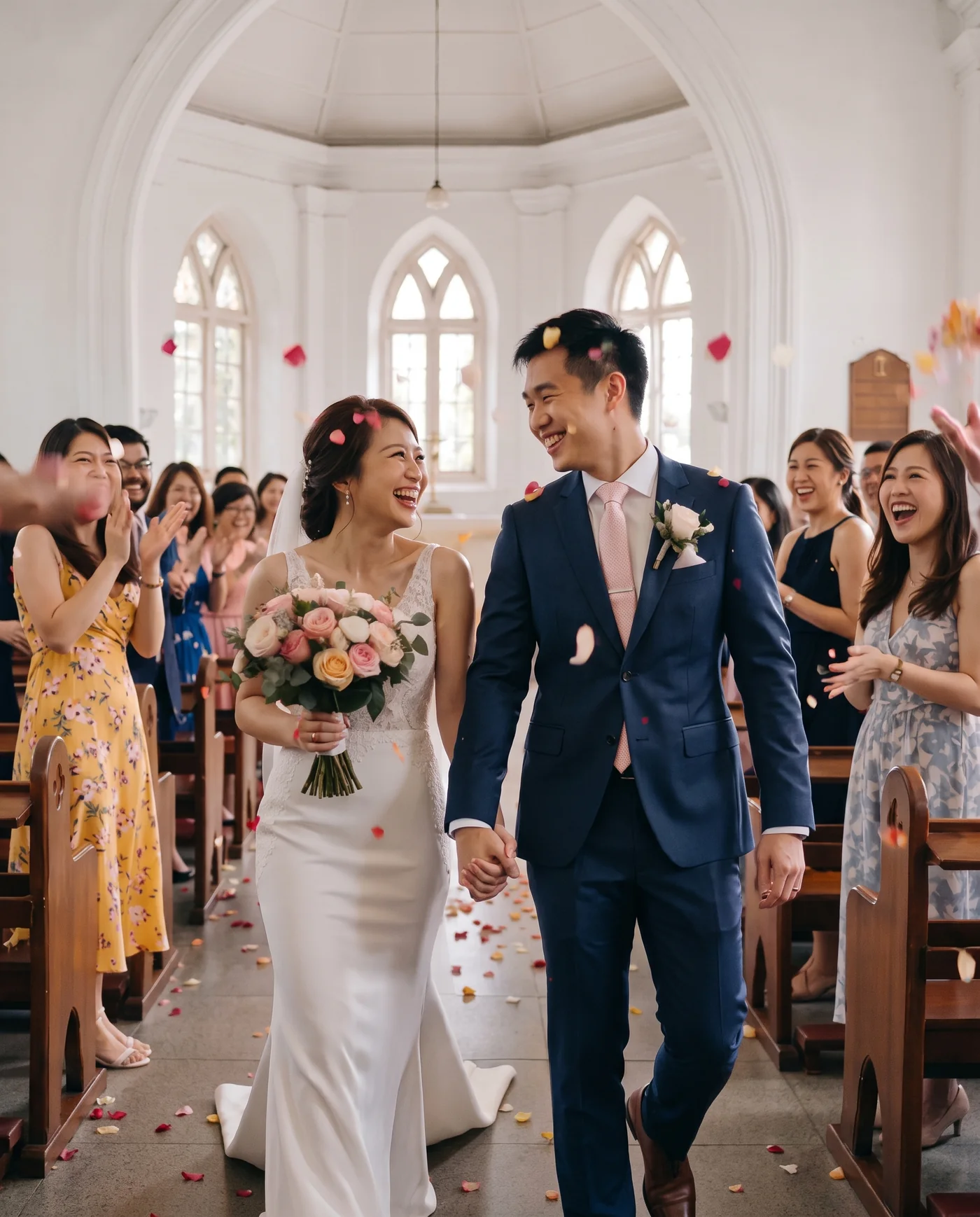 A Chinese couple walking down the aisle at a church wedding