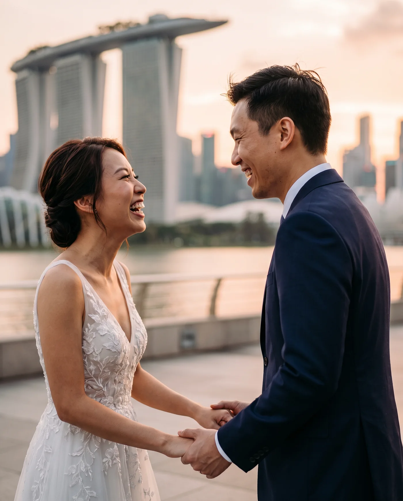 A Chinese couple at Marina Bay on their wedding day